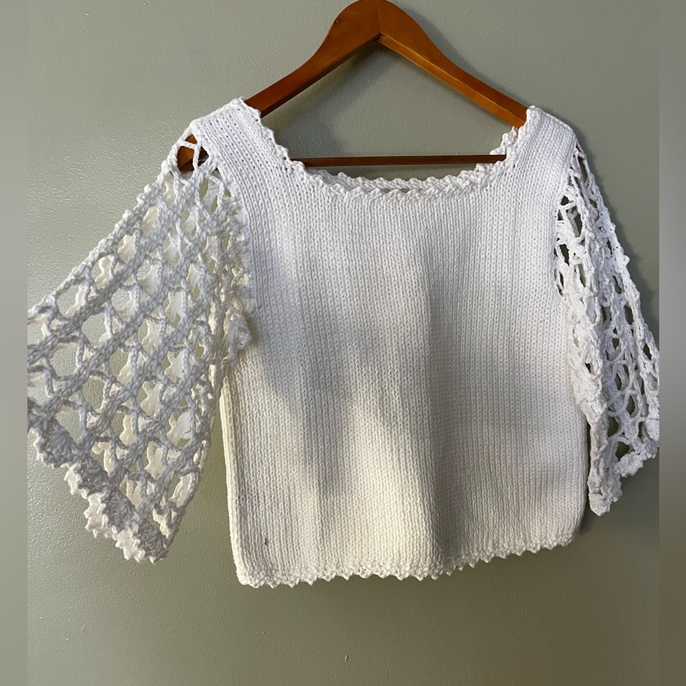 RICO Cotton Knit Chic White Crochet Sleeve Crop Blouse S